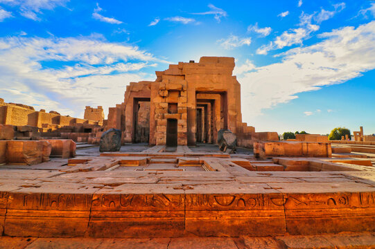 View of the ruins of the Kom Ombo temple dedicated to the crocodile headed Goddess Sobek at the Temple of Sobek and Haroeris built in 2nd century BC by Ptolemy pharoahs in Kom Ombo,Near Aswan,Egypt