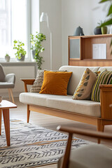 Fototapeta premium Minimalist, mid century modern interiors in living rooms with sofa views. Generative AI 