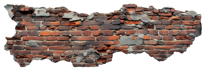 Brick Wall. Wall. Destroyed brick wall with transparent background. Cut out. Alpha Channel. Isolated.