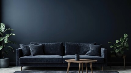 Minimalist Living Room with Dark Blue Sofa and Wooden Coffee Table