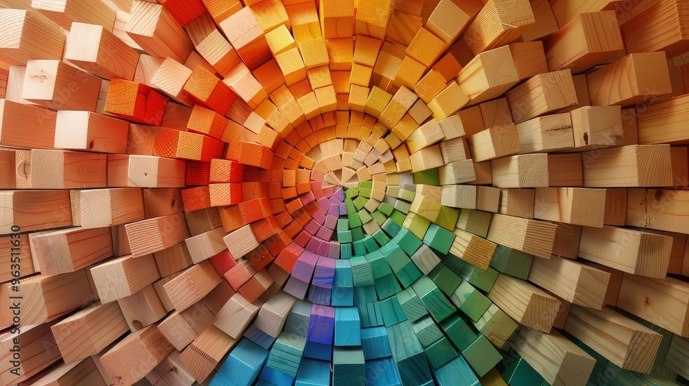 Poster a wall with wooden cubes arranged like a circle, each band of cubes representing a different color o