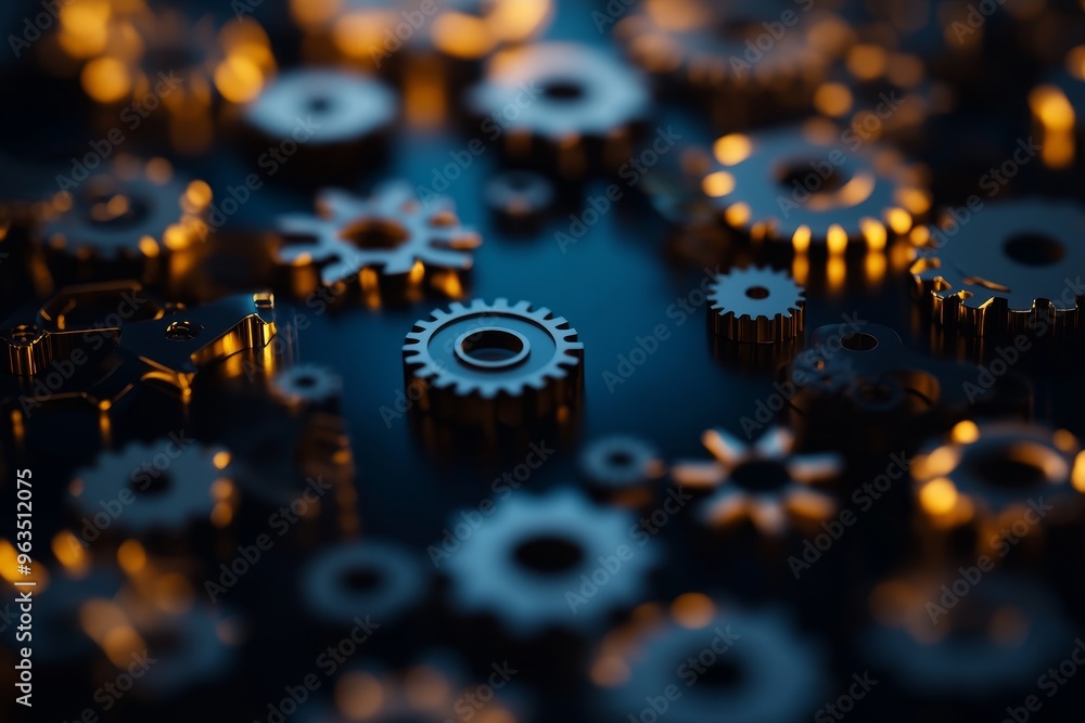 Poster a close-up image of metallic gears interlocked together, symbolizing teamwork, collaboration, precis