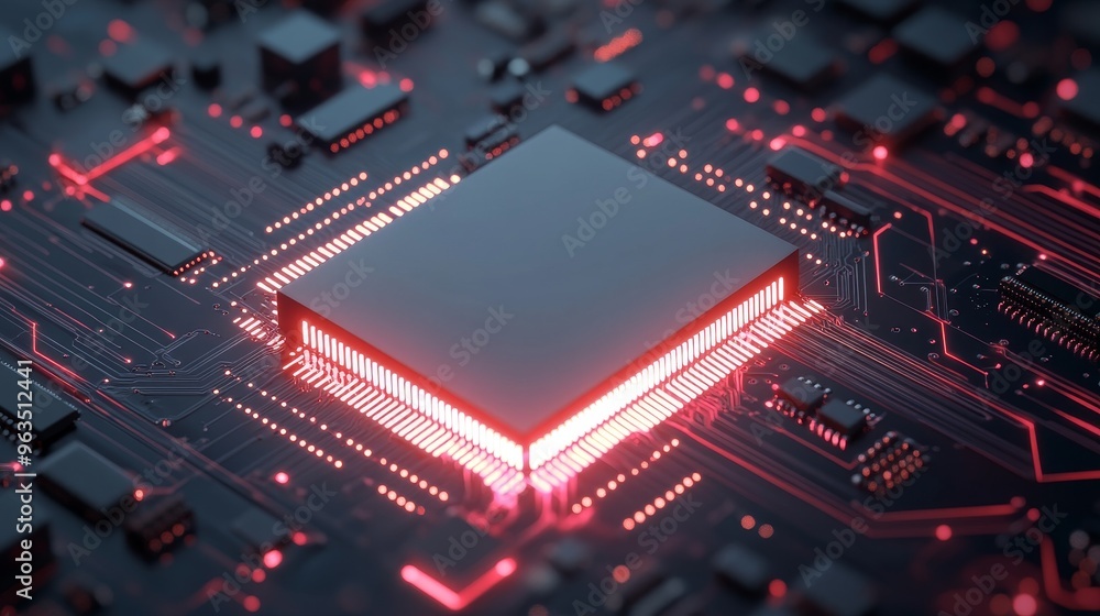 Poster a close-up of a glowing microchip on a dark circuit board. the chip represents the power of ai and a