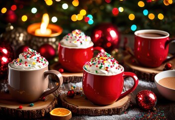 colorful mugs overflowing festive beverages tantalizing tastes cheerful celebration, drink, holiday, cup, tea, coffee, warm, party, vibrant, tasty, flavor