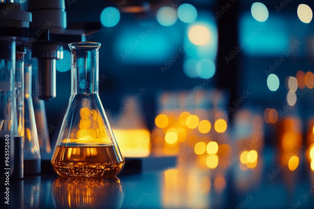Poster a close-up of a laboratory flask filled with an amber liquid, the background is blurry with other la