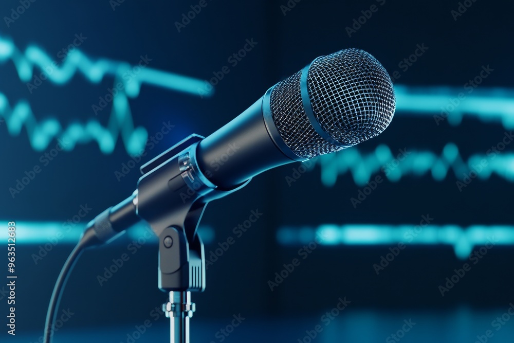 Aufkleber a close-up of a professional microphone on a stand with sound waves in the background. the image sym