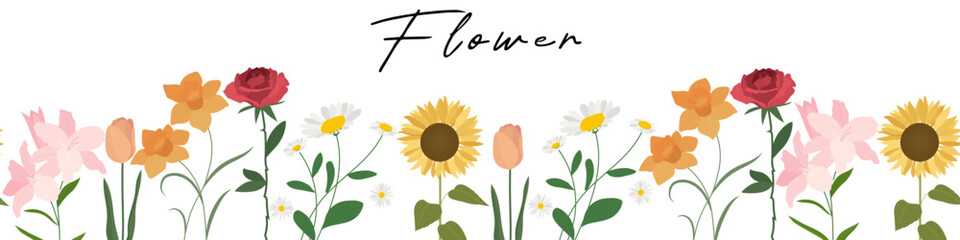 Obraz premium Beautiful elegance floral backdrop decoration with multicolored blooming flowers collection. Spring season vector design
