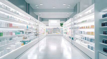 Fototapeta premium The interior of a realistic supermarket mockup with white shelves. Modern illustration of empty store.