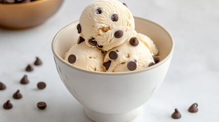 A close-up shot of a bowl of creamy vanilla ice cream with chocolate chips. The ice cream is piled high in the bowl, and the chocolate chips are scattered throughout. The image is perfect for represen