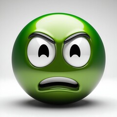 3D emoticon with a confused expression, bright green color, large white squinting eyes, slightly open mouth, glossy rounded shape, isolated on white background