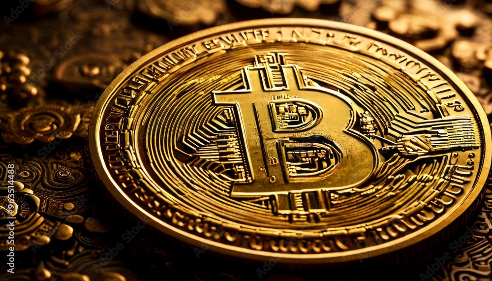 Poster a macro shot of a bitcoin coin, highlighting its detailed engravings and gold elements. the close-up