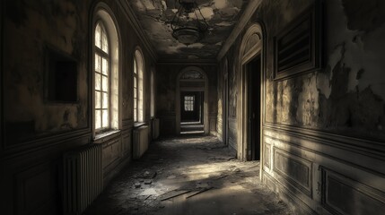 A sunbeam illuminates the dusty floor of a decaying hallway.