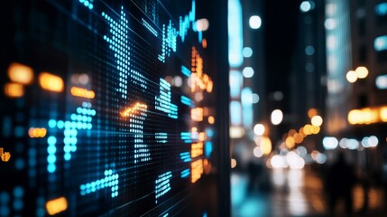 A close-up shot of a stock market data display showing financial information, like stock prices, in a city at night. The display is illuminated with blue and orange lights.