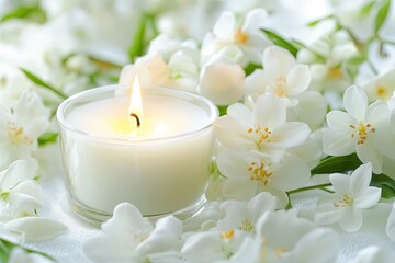 Candle and white flowers .generative ai