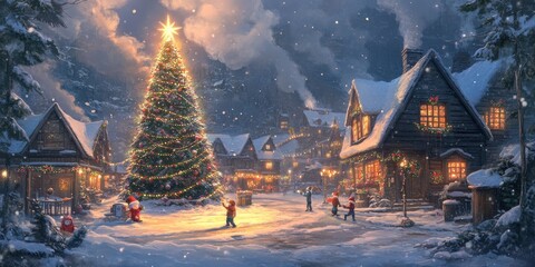 A snowy village at night with warmly lit cottages, smoke curling from chimneys