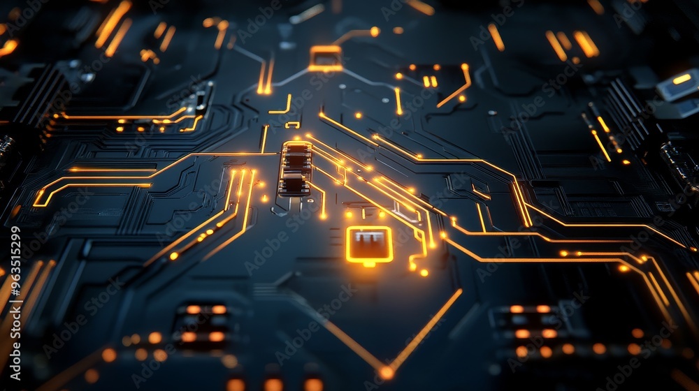Poster a close-up view of a futuristic circuit board with glowing orange lights. the intricate circuitry re