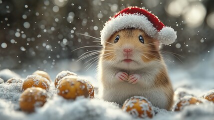 Obraz premium Cute Hamster Wearing a Santa Hat in a Snowy Scene with Holiday Treats, Representing the Joy of Christmas in Winter