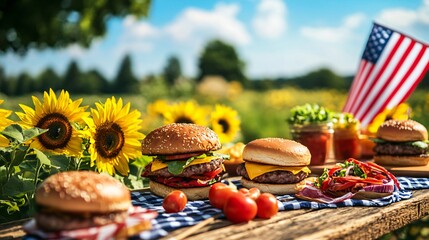 Picnic-themed Labor Day background with sunflowers, burgers, and American flags, all set on a rustic wooden table under a clear sky