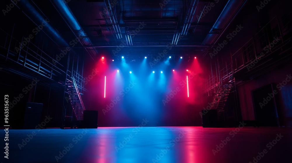 Poster a concert stage is being set up with blue and red lights illuminating the empty stage, creating a dr