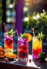 vibrant beverages adorned colorful garnishes creating eye catching display refreshing drinks, refreshment, cocktail, lemonade, mocktail, juice, fruit, ice