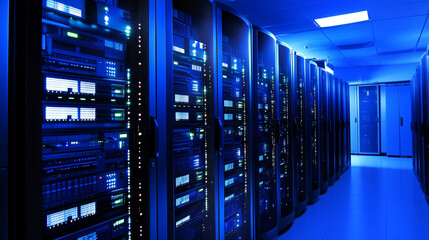 Server rack in a data center; High-tech data center with rows of server cabinets