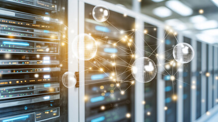Server rack in a data center; High-tech data center with rows of server cabinets