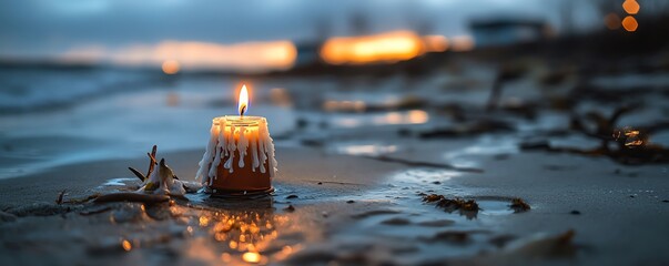 A serene candle illuminated by twilight on a tranquil beach, reflecting beauty in the water and creating a peaceful atmosphere.