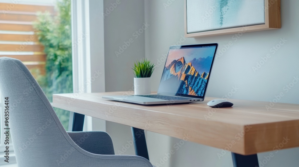 Poster a laptop computer sitting on a desk with an open window, ai