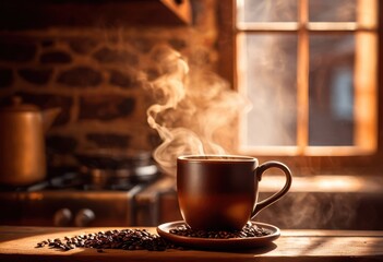 delightful aroma freshly brewed coffee inviting steam rising from cozy mug warm setting, beverage, caffeine, cup, drink, hot, morning, comfort, brown