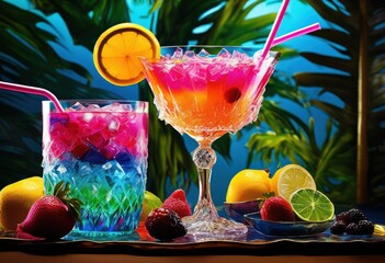 vibrant beverage concoctions showcased colorful glass presentations striking visual appeal, cocktail, smoothie, juice, garnish, ice, fruit, mixology, bubble