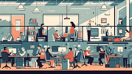 business office interior workplace people working and communicating flat design illustration generative AI.