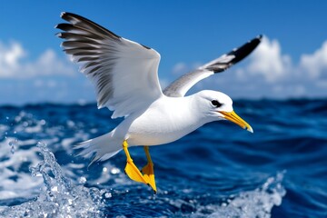 Bird diving toward the ocean, a streak of grace and speed as it plunges toward the water, searching for fish
