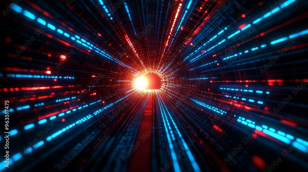 Poster a digital tunnel lined with red and blue light trails. this image symbolizes the speed of technology