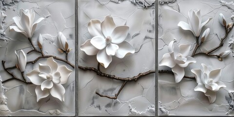3D Floral Wall Art Panels with White Magnolia Flowers and Dark Branches. AI generated illustration