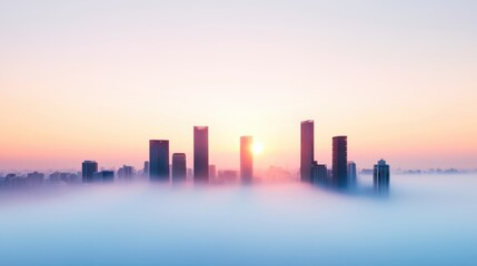 Fototapeta premium A city skyline with a smog layer obscuring the buildings.