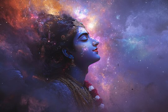 Lord Krishna depicted as Vishwaroop( cosmic form) showing the universe within him, with a radiant aura