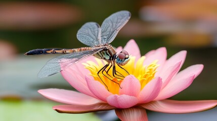 A dragonfly rests on a vibrant pink water lily, symbolizing peace, tranquility, beauty, and the delicate balance of nature.