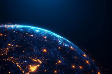 Obraz premium A digital representation of the Earth with glowing lines connecting cities, symbolizing global communication, technology, interconnection, and the interconnectedness of the modern world.