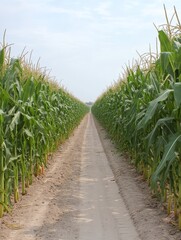 Fototapeta premium A dirt path winds through a tall cornfield. The corn stalks are green and golden, creating a natural maze. The path symbolizes a journey, a challenge, and a sense of exploration. The cornfield repres