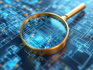 A 3D magnifying glass hovering over a digital network, revealing hidden data, symbolizing search engine precision