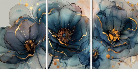 Abstract 3D Alcohol Ink Panels with Flowers. AI generated illustration.