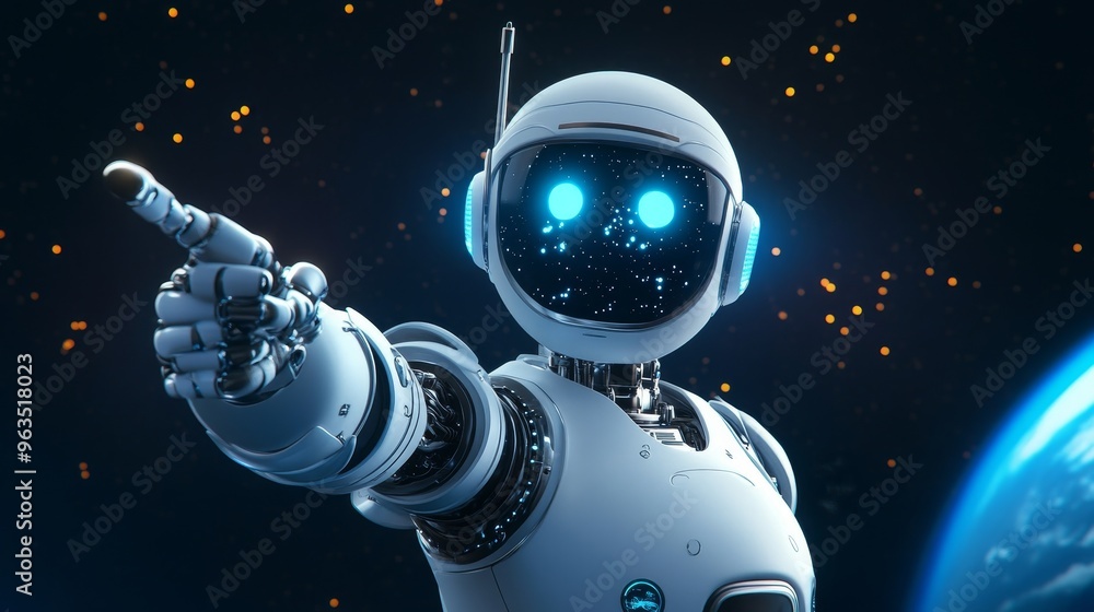 Poster a friendly robot with glowing blue eyes points towards a distant planet, symbolizing exploration, in
