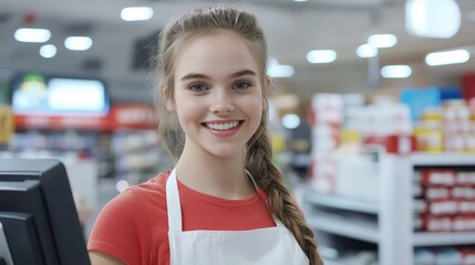 A friendly young woman cashier stands behind a cash register in a grocery store.  She looks directly at the camera and smiles, showing a welcoming and helpful attitude.  The image symbolizes customer 