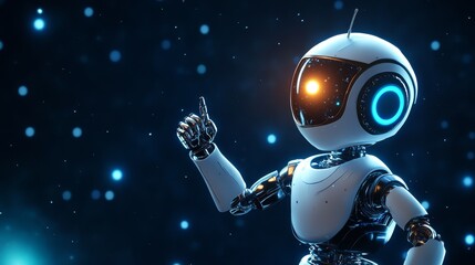 A friendly, white robot with blue and orange lights pointing upwards with a cheerful expression against a dark blue background with scattered white lights.  This image symbolizes optimism, technology,