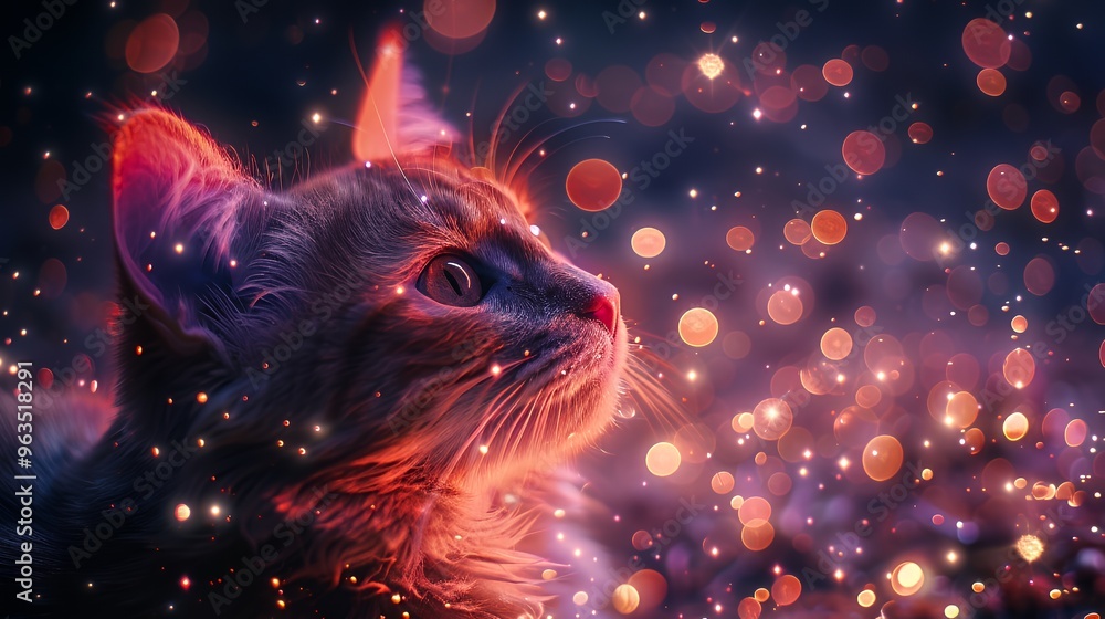 Poster a cat's face is illuminated by a glowing orange light. its eye is wide and focused on something out 