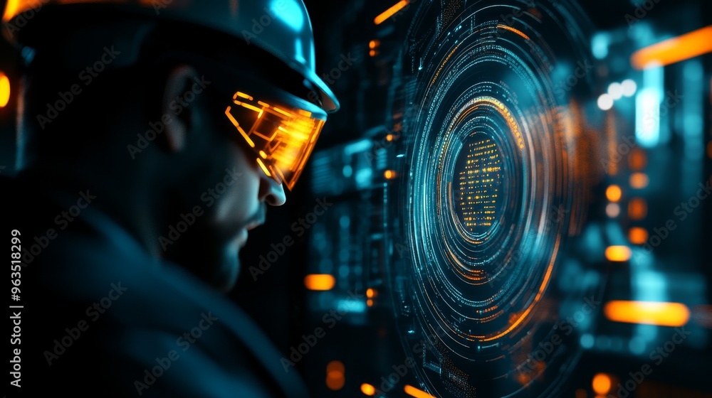 Poster a futuristic train conductor wearing augmented reality goggles, monitoring complex quantum systems o