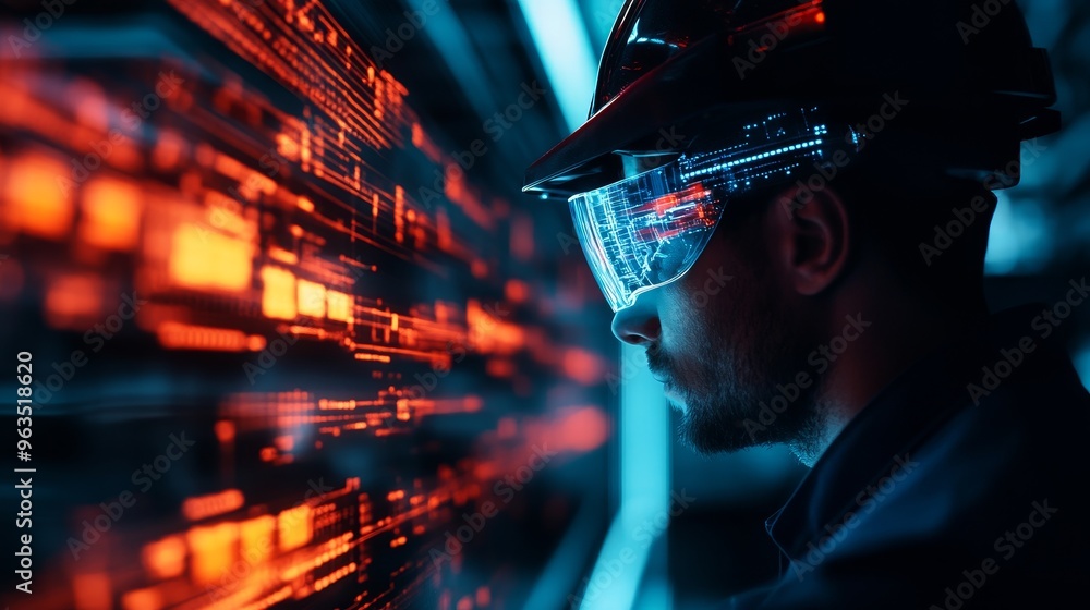 Poster a futuristic train conductor, wearing augmented reality goggles, intently observes a digital interfa
