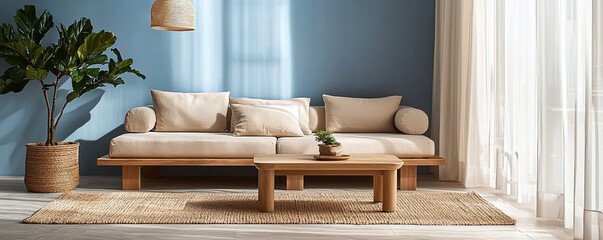 A picture of a modern Japandi interior in a living room with a sofa and a wooden table. Generative AI
