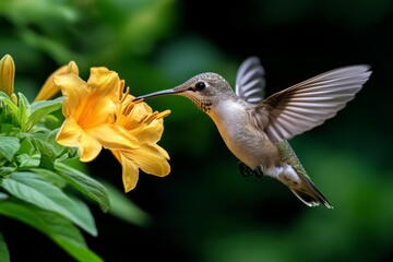 Fototapeta premium Bird hovering in place, flapping its wings rapidly as it inspects a flower, mid-air, like a hummingbird in search of nectar