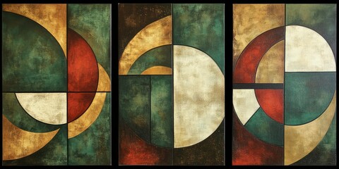 Fototapeta premium Green and Brown Geometric Abstract Wall Art Panels